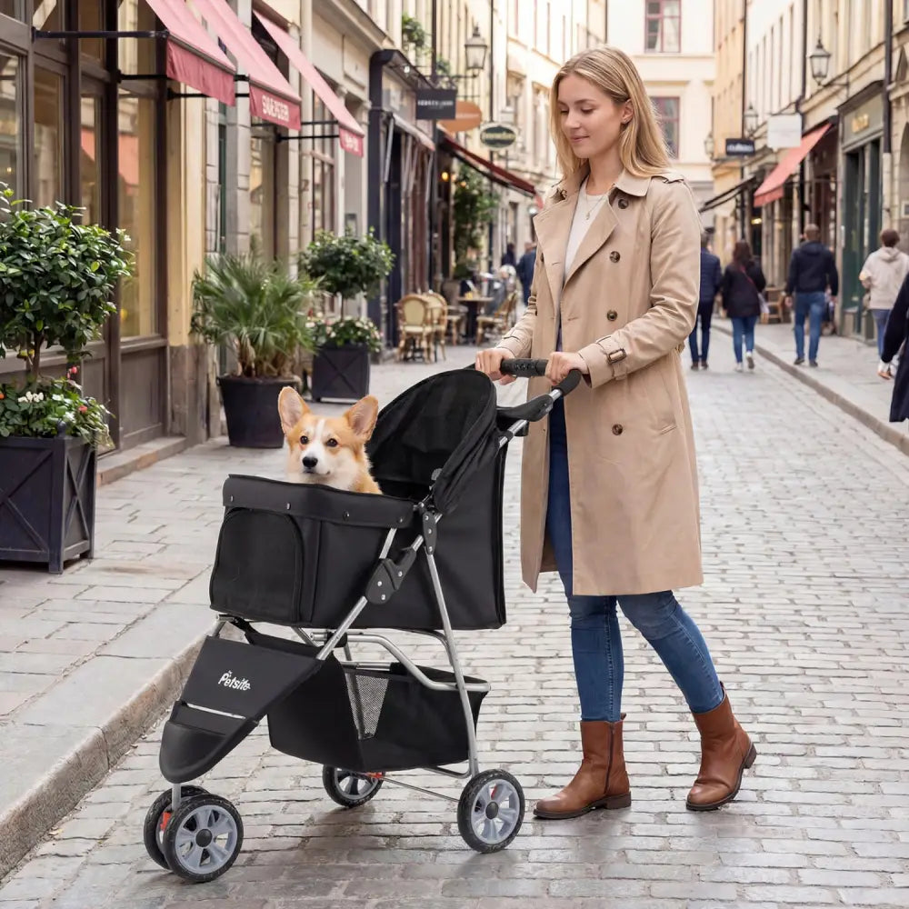 3 Wheel Pet Stroller for Small Dogs Cats up to 33 LBS-Black - Black - Dog Supplies