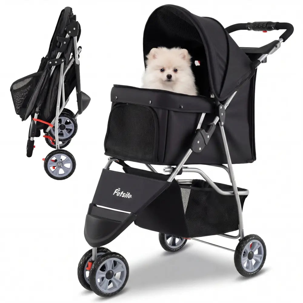 3 Wheel Pet Stroller for Small Dogs Cats up to 33 LBS-Black - Black - Dog Supplies