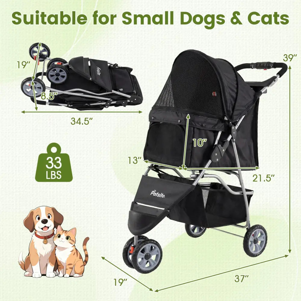 3 Wheel Pet Stroller for Small Dogs Cats up to 33 LBS-Black - Black - Dog Supplies