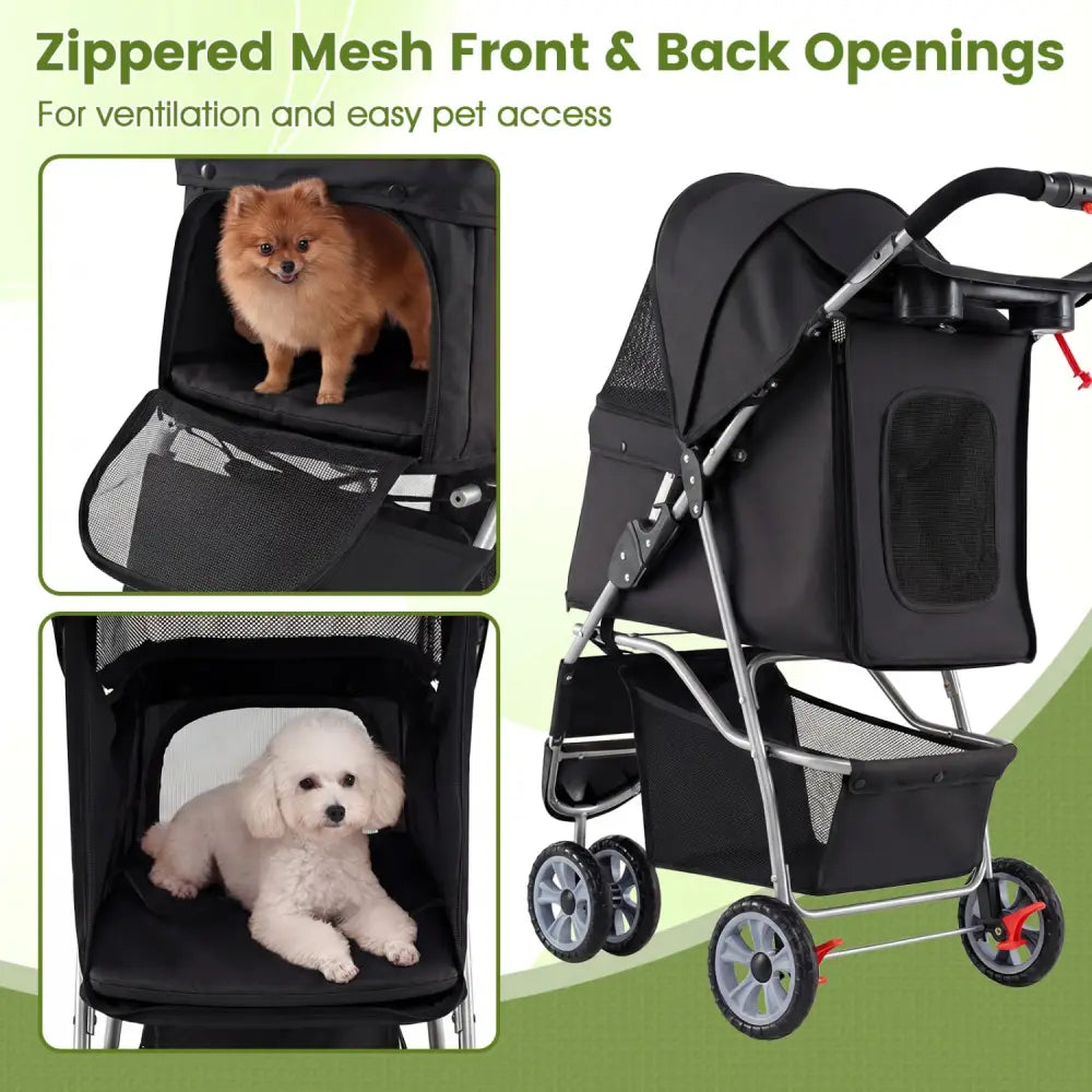 3 Wheel Pet Stroller for Small Dogs Cats up to 33 LBS-Black - Black - Dog Supplies