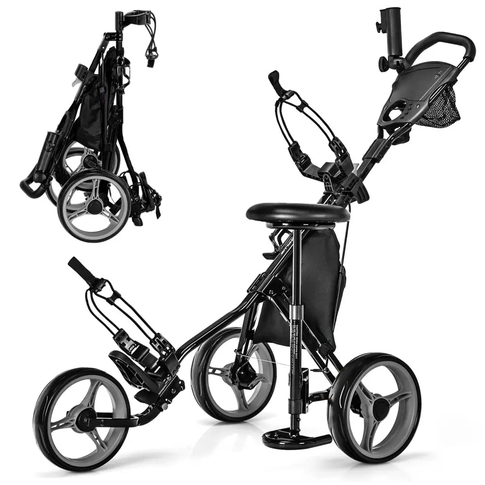 3 Wheels Folding Golf Push Cart with Seat Scoreboard and Adjustable Handle-Gray - Gray - Golf