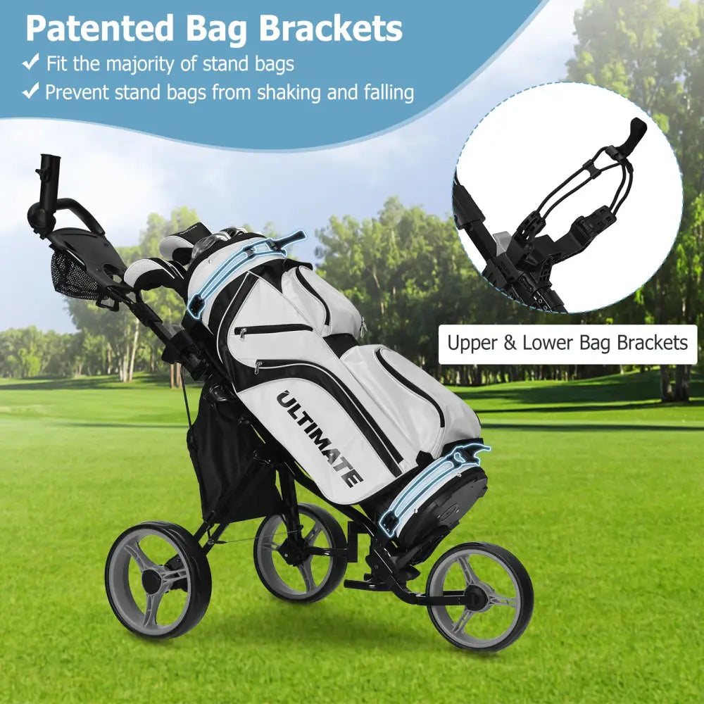 3 Wheels Folding Golf Push Cart with Seat Scoreboard and Adjustable Handle-Gray - Gray - Golf
