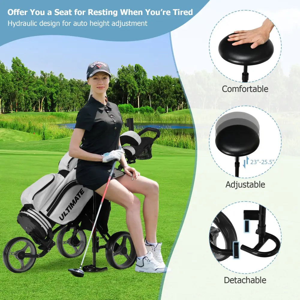3 Wheels Folding Golf Push Cart with Seat Scoreboard and Adjustable Handle-Gray - Gray - Golf