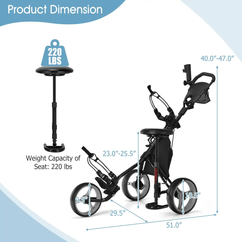 3 Wheels Folding Golf Push Cart with Seat Scoreboard and Adjustable Handle-Gray - Gray - Golf