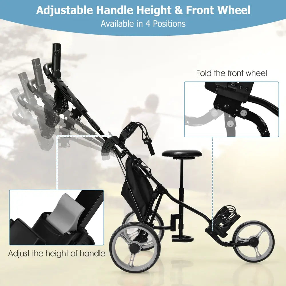 3 Wheels Folding Golf Push Cart with Seat Scoreboard and Adjustable Handle-Gray - Gray - Golf
