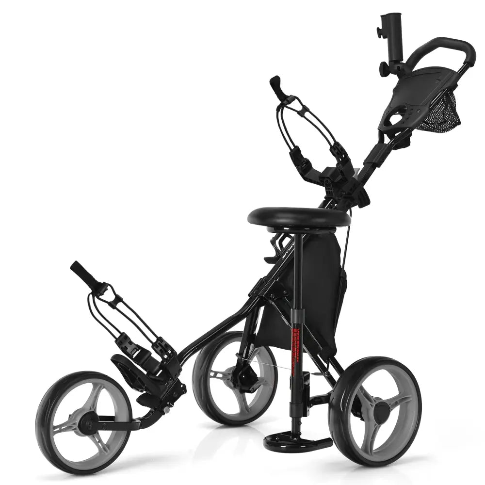 3 Wheels Folding Golf Push Cart with Seat Scoreboard and Adjustable Handle-Gray - Gray - Golf