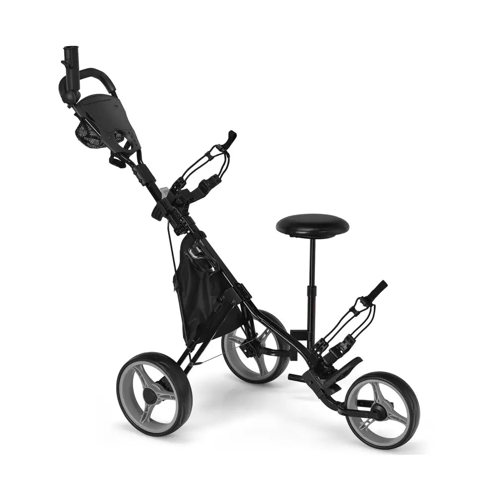 3 Wheels Folding Golf Push Cart with Seat Scoreboard and Adjustable Handle-Gray - Gray - Golf