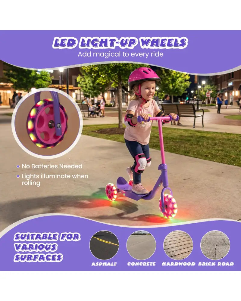 3 Wheels Scooter for Kids Age 2+ with LED Light-Up Wheels and Wide Anti-Slip Deck-Purple - Purple - Scooters
