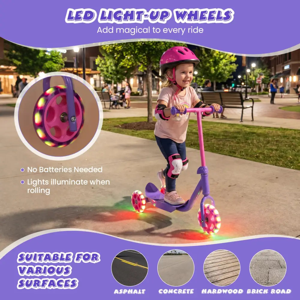 3 Wheels Scooter for Kids Age 2+ with LED Light-Up Wheels and Wide Anti-Slip Deck-Purple - Purple - Scooters
