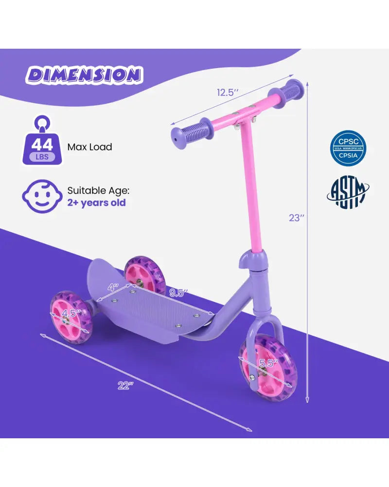 3 Wheels Scooter for Kids Age 2+ with LED Light-Up Wheels and Wide Anti-Slip Deck-Purple - Purple - Scooters