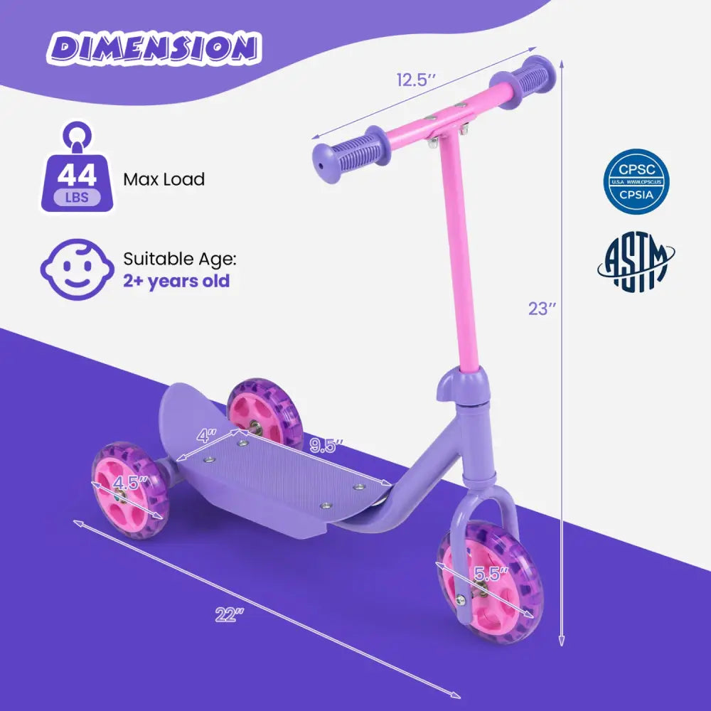 3 Wheels Scooter for Kids Age 2+ with LED Light-Up Wheels and Wide Anti-Slip Deck-Purple - Purple - Scooters