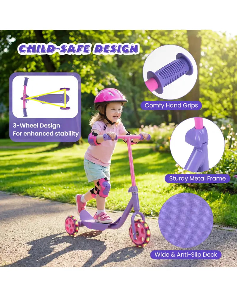 3 Wheels Scooter for Kids Age 2+ with LED Light-Up Wheels and Wide Anti-Slip Deck-Purple - Purple - Scooters
