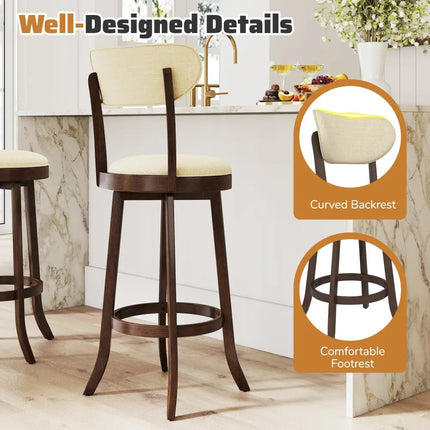 30.5 Inch Bar Height Chairs Set of 2 Swivel High Barstool with Padded Seat and Backrest-Brown Costway