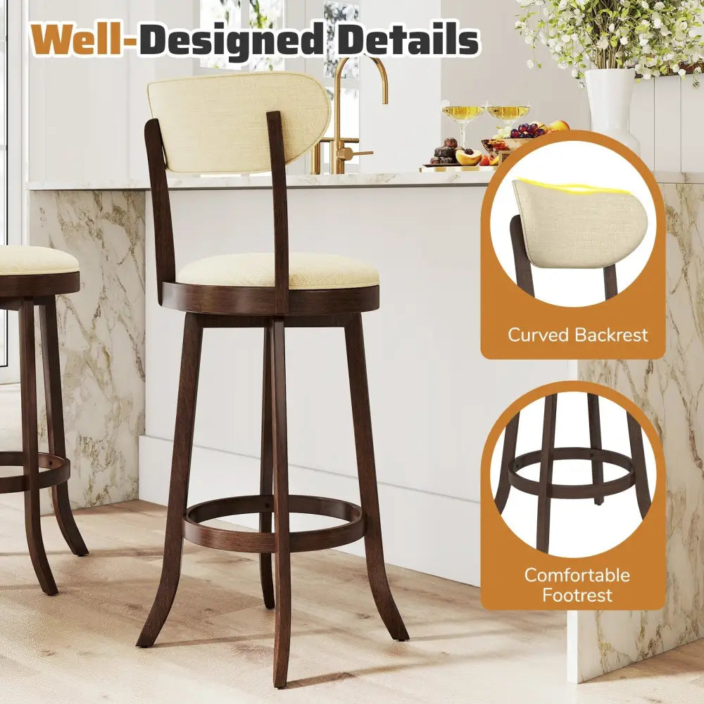 30.5 Inch Bar Height Chairs Set of 2 Swivel High Barstool with Padded Seat and Backrest-Brown Costway