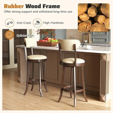 30.5 Inch Bar Height Chairs Set of 2 Swivel High Barstool with Padded Seat and Backrest-Brown Costway