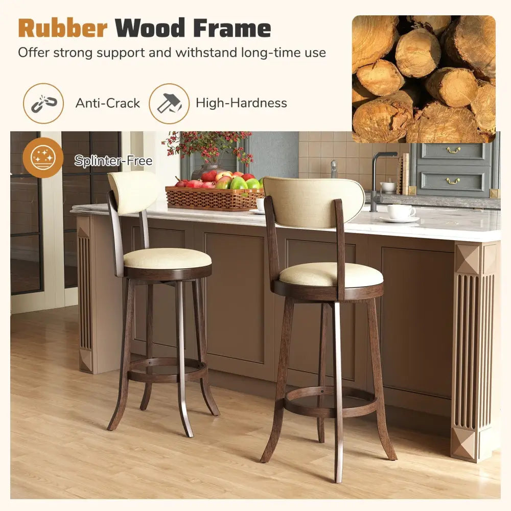 30.5 Inch Bar Height Chairs Set of 2 Swivel High Barstool with Padded Seat and Backrest-Brown Costway