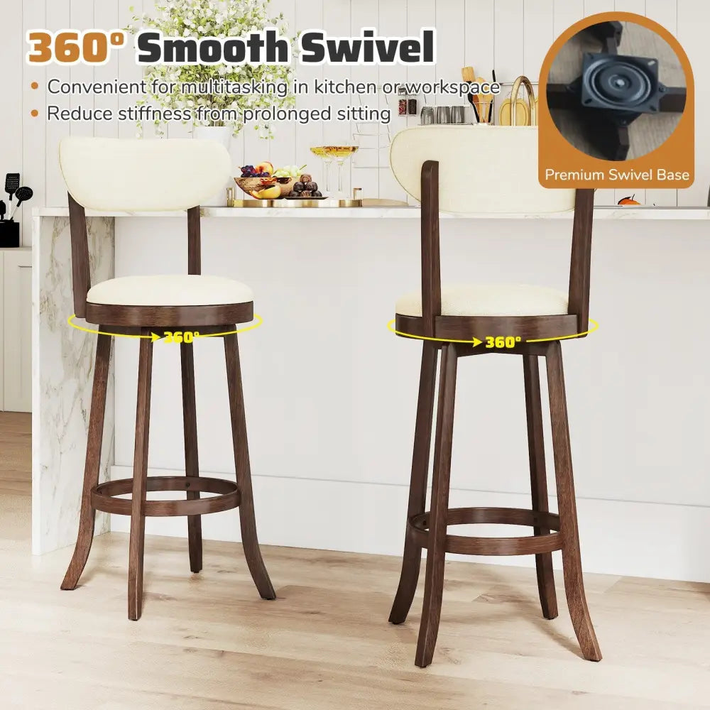 30.5 Inch Bar Height Chairs Set of 2 Swivel High Barstool with Padded Seat and Backrest-Brown Costway