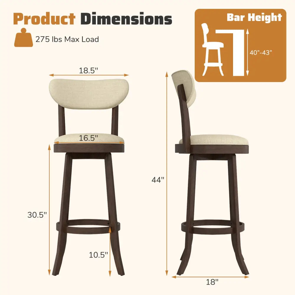30.5 Inch Bar Height Chairs Set of 2 Swivel High Barstool with Padded Seat and Backrest-Brown Costway