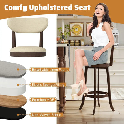 30.5 Inch Bar Height Chairs Set of 2 Swivel High Barstool with Padded Seat and Backrest-Brown Costway