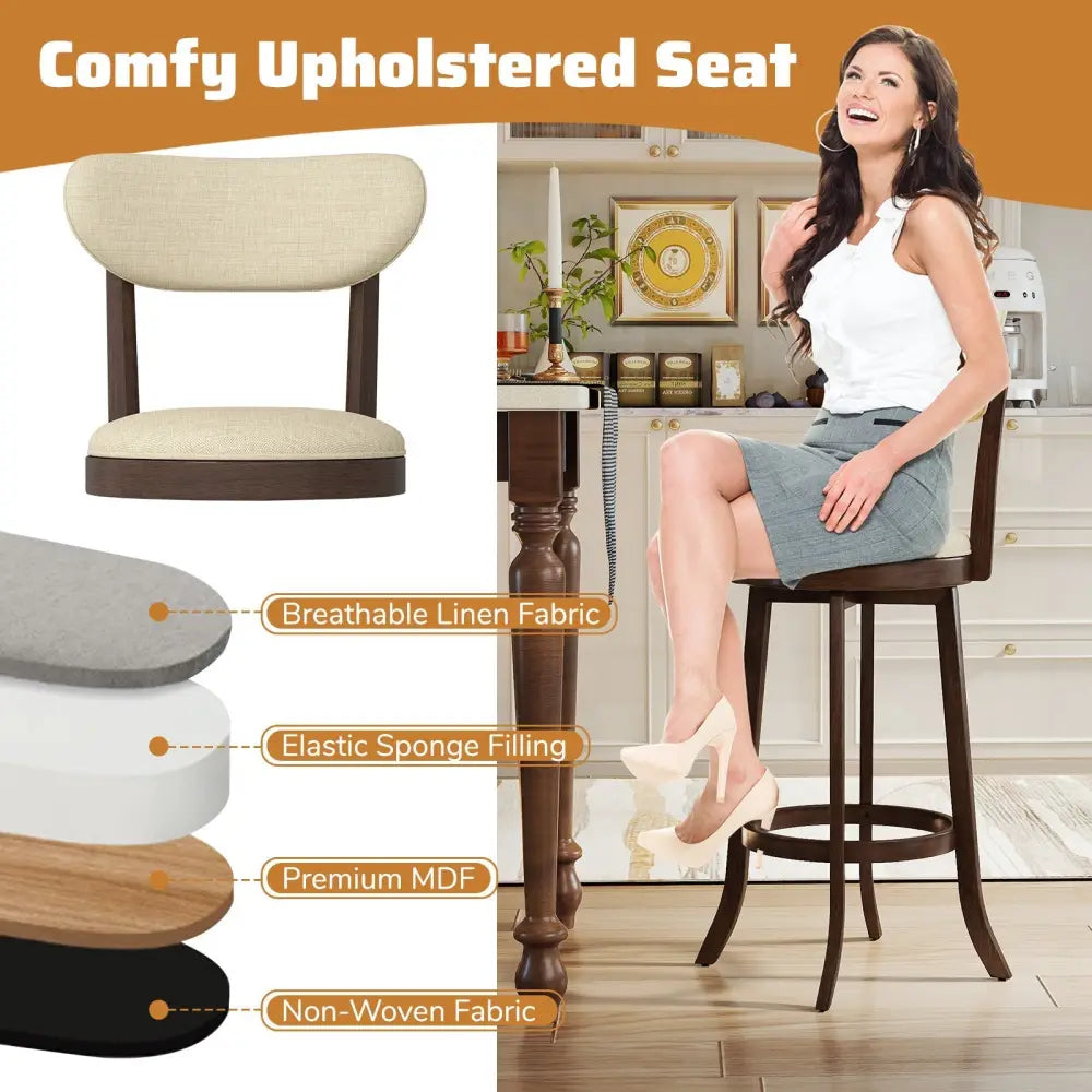 30.5 Inch Bar Height Chairs Set of 2 Swivel High Barstool with Padded Seat and Backrest-Brown Costway