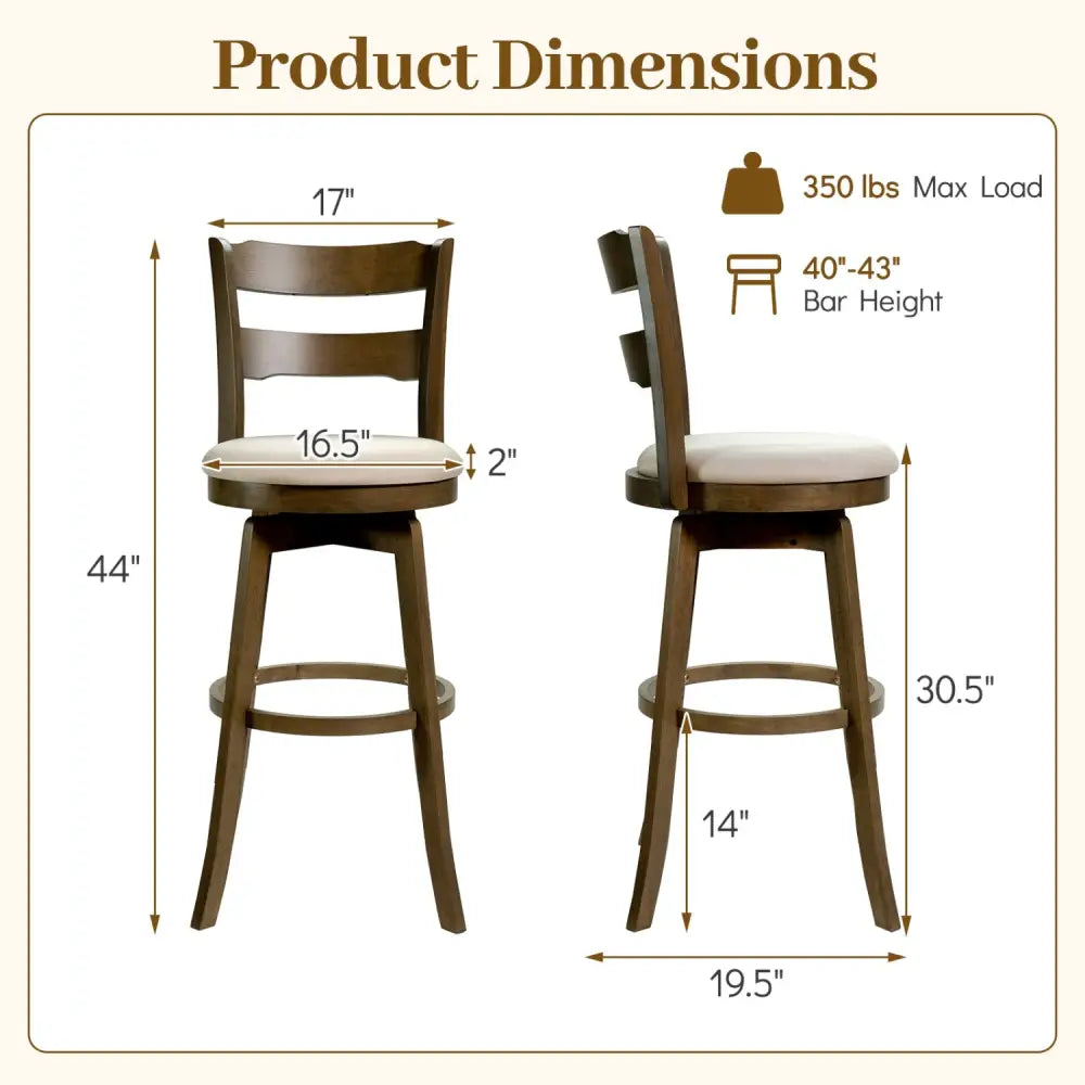 30.5 Inch Swivel Barstools with Backrest & Upholstered Seat-Set of 2 - Taupe - Bar Stools