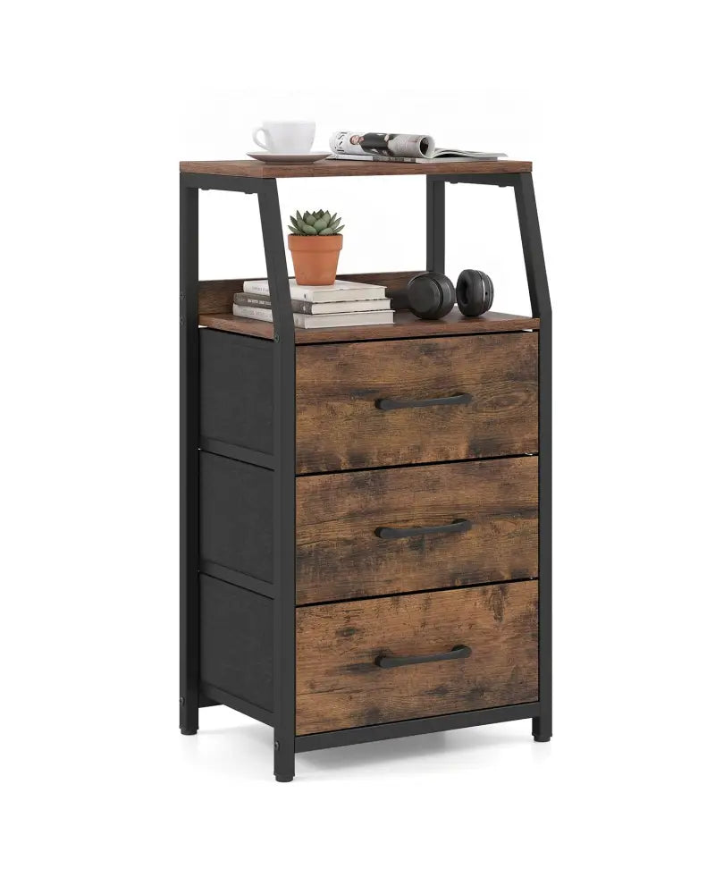 30.5 Inch Tall Nightstand with 3 Fabric Drawers and 2 Spacious Open Shelves-Rustic Brown - Rustic Brown - Nightstands