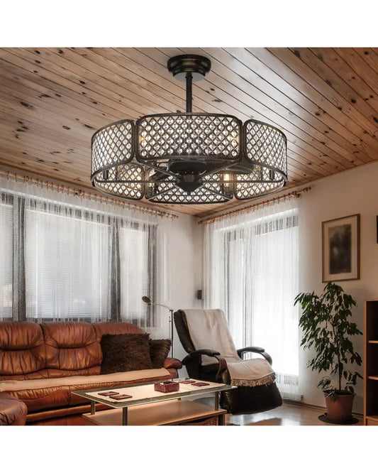 30 Inch Caged Ceiling Fan With Light Crystal Lampshade 6 Light Bases-Coffee - Brown - Ceiling Fans