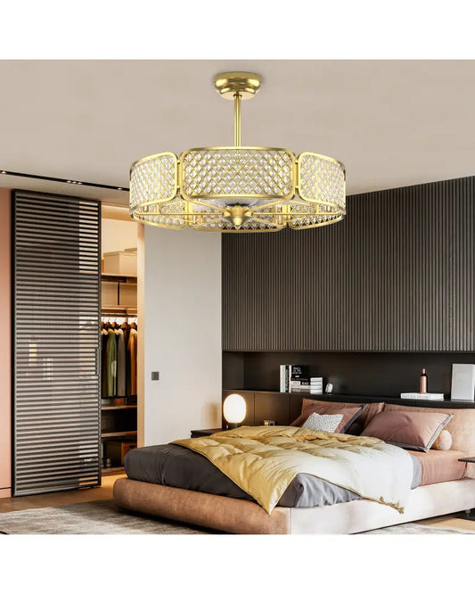 30 Inch Caged Ceiling Fan With Light Crystal Lampshade 6 Light Bases-Golden - Golden - Ceiling Fans
