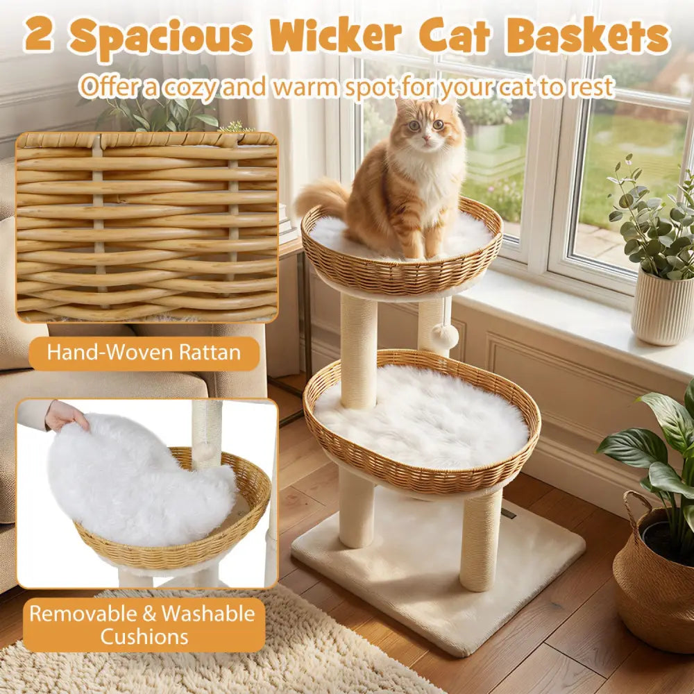 30-Inch Cat Tower with 2 Rattan Cat Baskets for Indoor Kittens-Beige - Beige - Cat Trees Condos & Scratchers