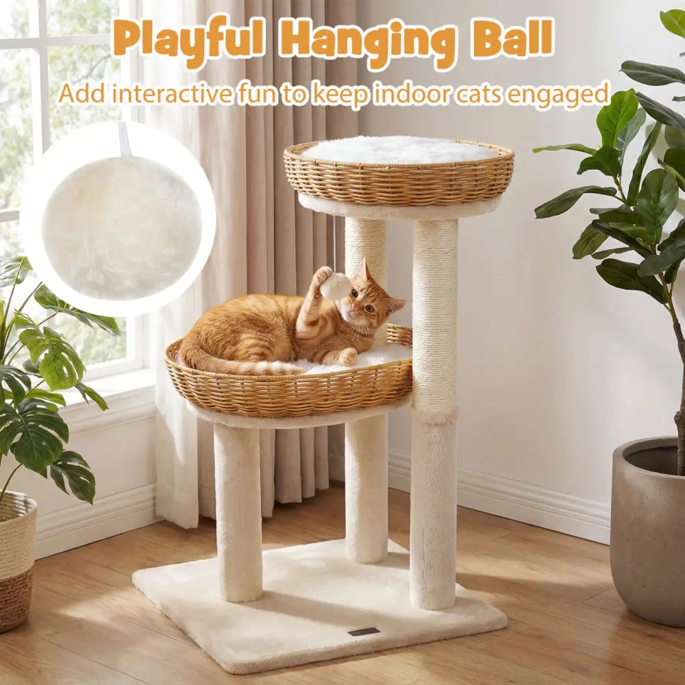 30-Inch Cat Tower with 2 Rattan Cat Baskets for Indoor Kittens-Beige - Beige - Cat Trees Condos & Scratchers