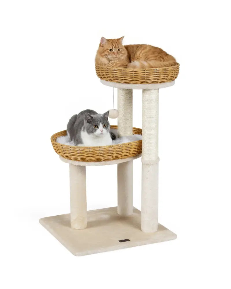 30-Inch Cat Tower with 2 Rattan Cat Baskets for Indoor Kittens-Beige - Beige - Cat Trees Condos & Scratchers