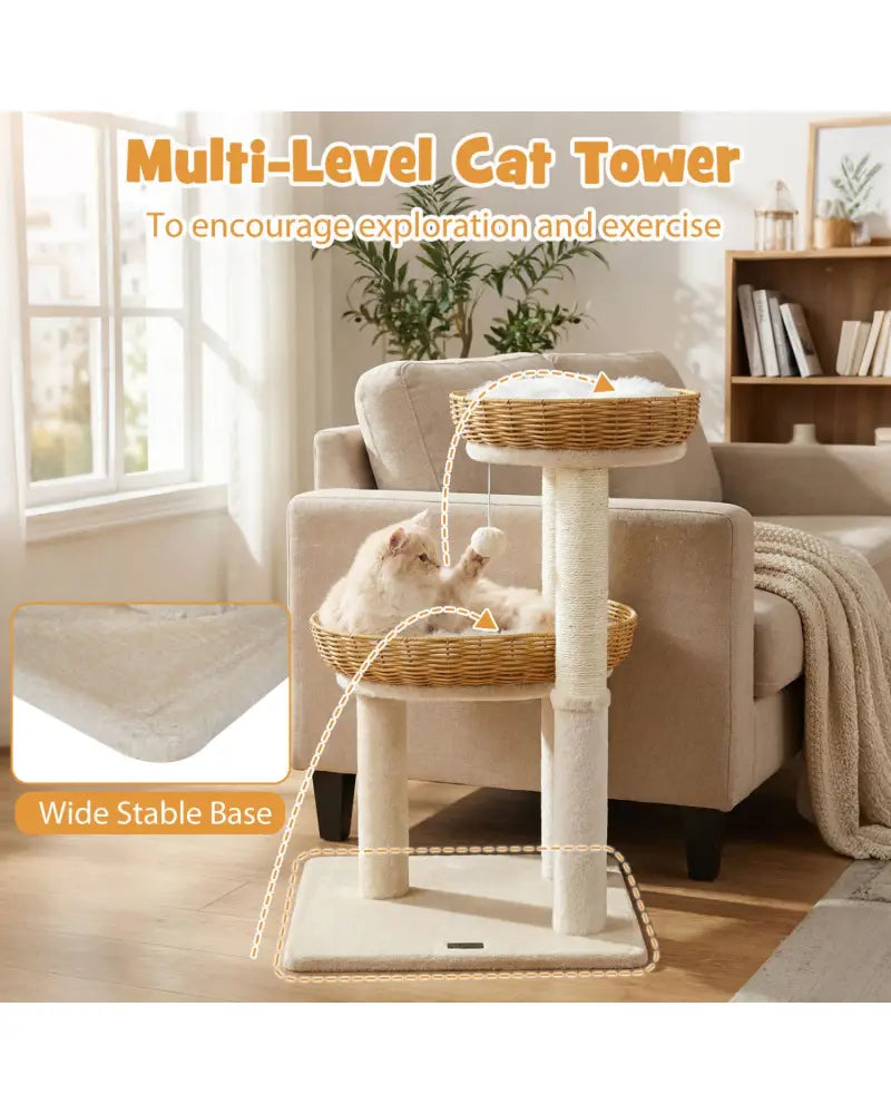 30-Inch Cat Tower with 2 Rattan Cat Baskets for Indoor Kittens-Beige - Beige - Cat Trees Condos & Scratchers
