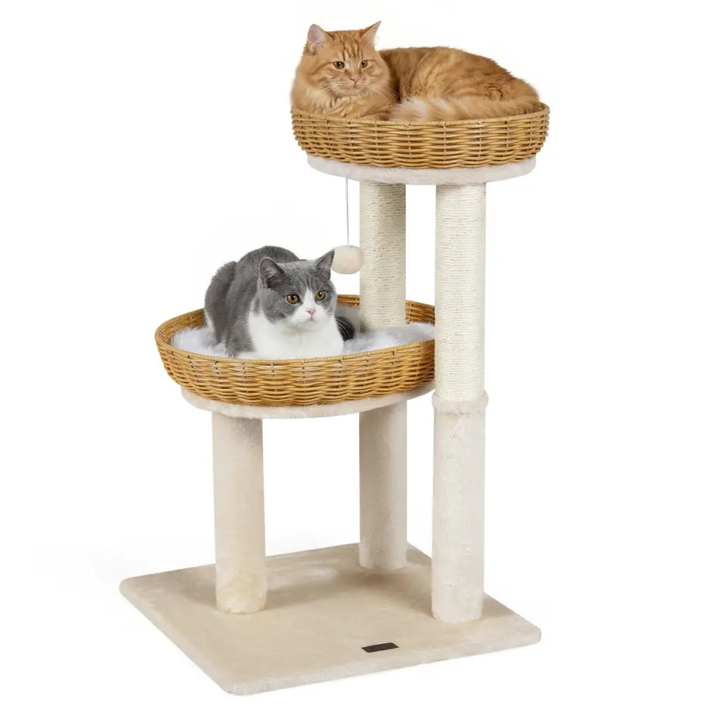 30-Inch Cat Tower with 2 Rattan Cat Baskets for Indoor Kittens-Beige - Beige - Cat Trees Condos & Scratchers