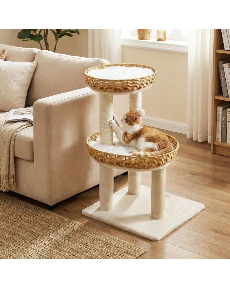 30-Inch Cat Tower with 2 Rattan Cat Baskets for Indoor Kittens-Beige - Beige - Cat Trees Condos & Scratchers