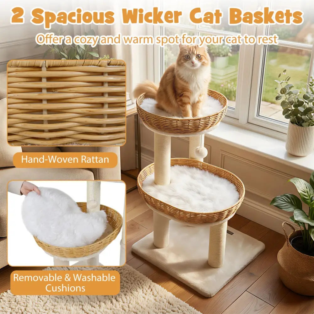 30-Inch Cat Tower with 2 Rattan Cat Baskets for Indoor Kittens-Beige - Beige - Cat Trees Condos & Scratchers