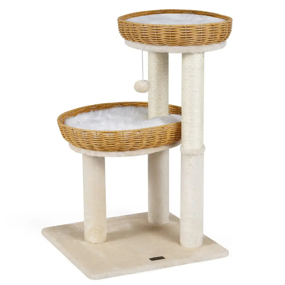 30-Inch Cat Tower with 2 Rattan Cat Baskets for Indoor Kittens-Beige - Beige - Cat Trees Condos & Scratchers