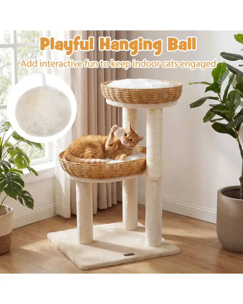 30-Inch Cat Tower with 2 Rattan Cat Baskets for Indoor Kittens-Beige - Beige - Cat Trees Condos & Scratchers