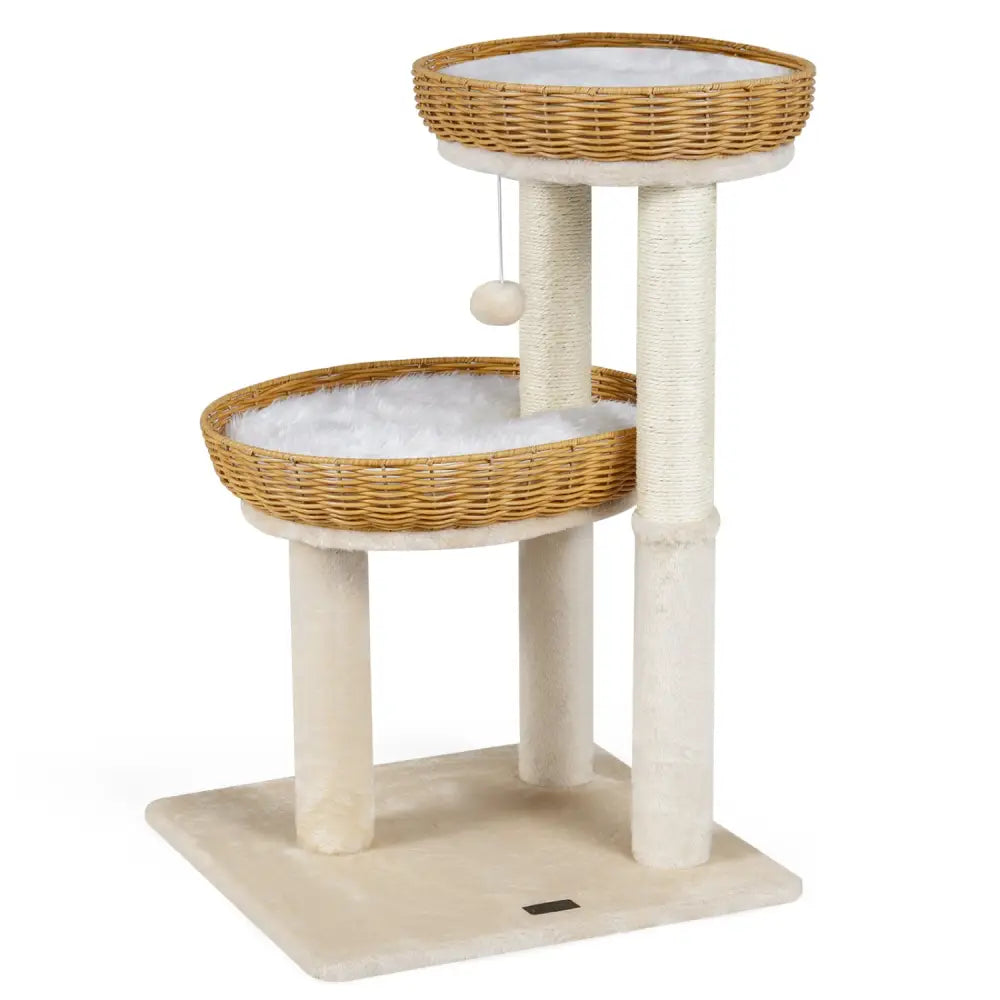 30-Inch Cat Tower with 2 Rattan Cat Baskets for Indoor Kittens-Beige - Beige - Cat Trees Condos & Scratchers