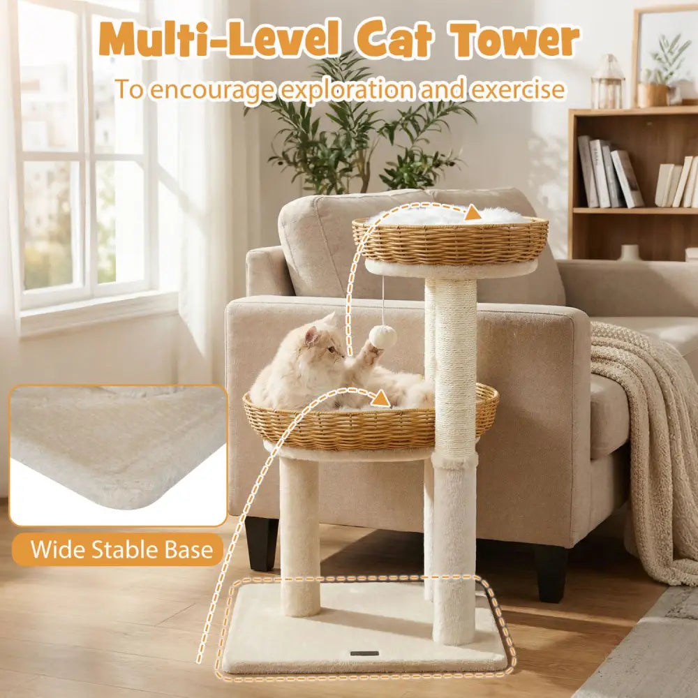 30-Inch Cat Tower with 2 Rattan Cat Baskets for Indoor Kittens-Beige - Beige - Cat Trees Condos & Scratchers