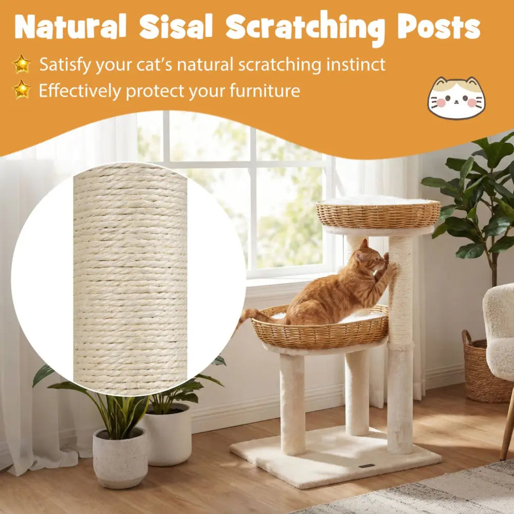 30-Inch Cat Tower with 2 Rattan Cat Baskets for Indoor Kittens-Beige - Beige - Cat Trees Condos & Scratchers