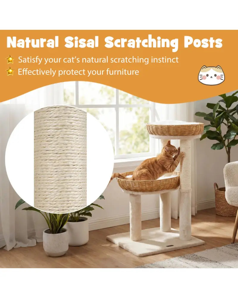 30-Inch Cat Tower with 2 Rattan Cat Baskets for Indoor Kittens-Beige - Beige - Cat Trees Condos & Scratchers