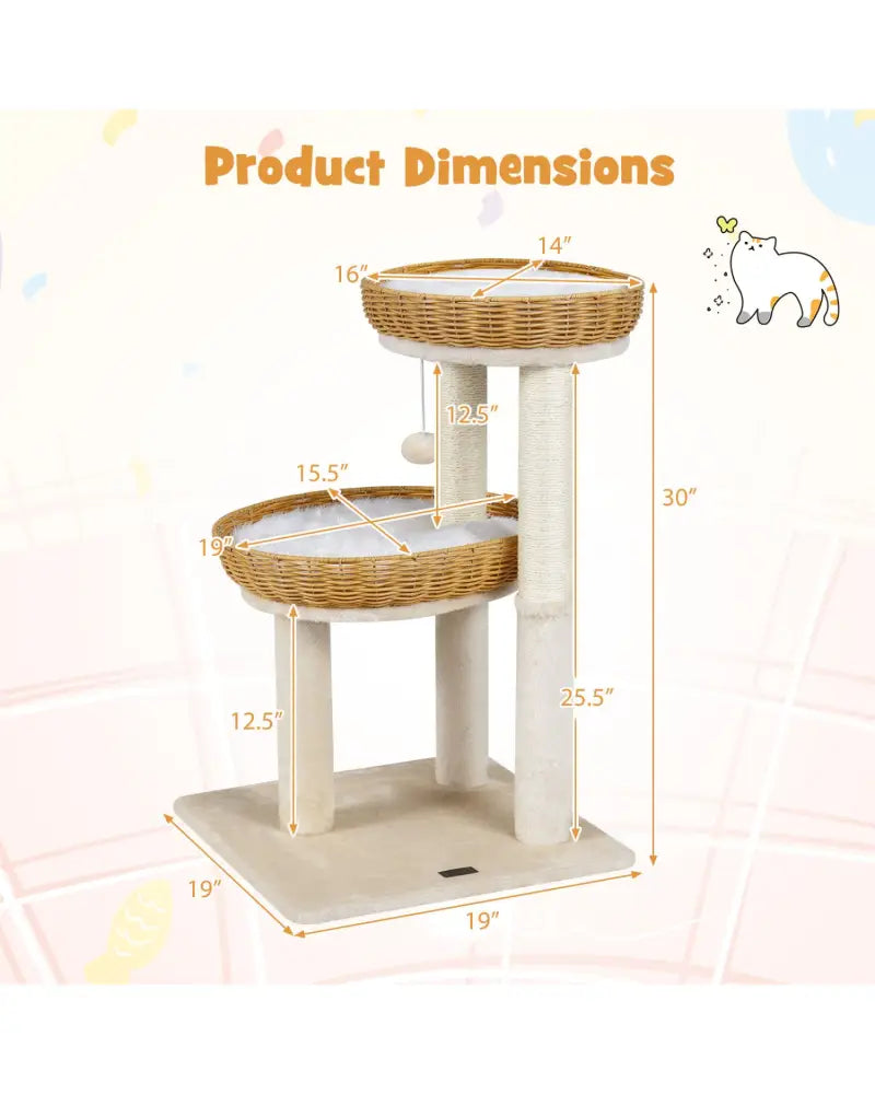 30-Inch Cat Tower with 2 Rattan Cat Baskets for Indoor Kittens-Beige - Beige - Cat Trees Condos & Scratchers