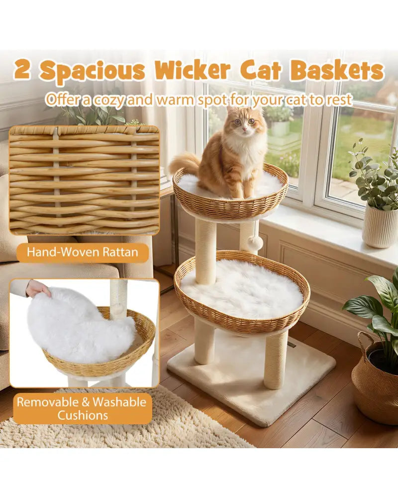 30-Inch Cat Tower with 2 Rattan Cat Baskets for Indoor Kittens-Beige - Beige - Cat Trees Condos & Scratchers