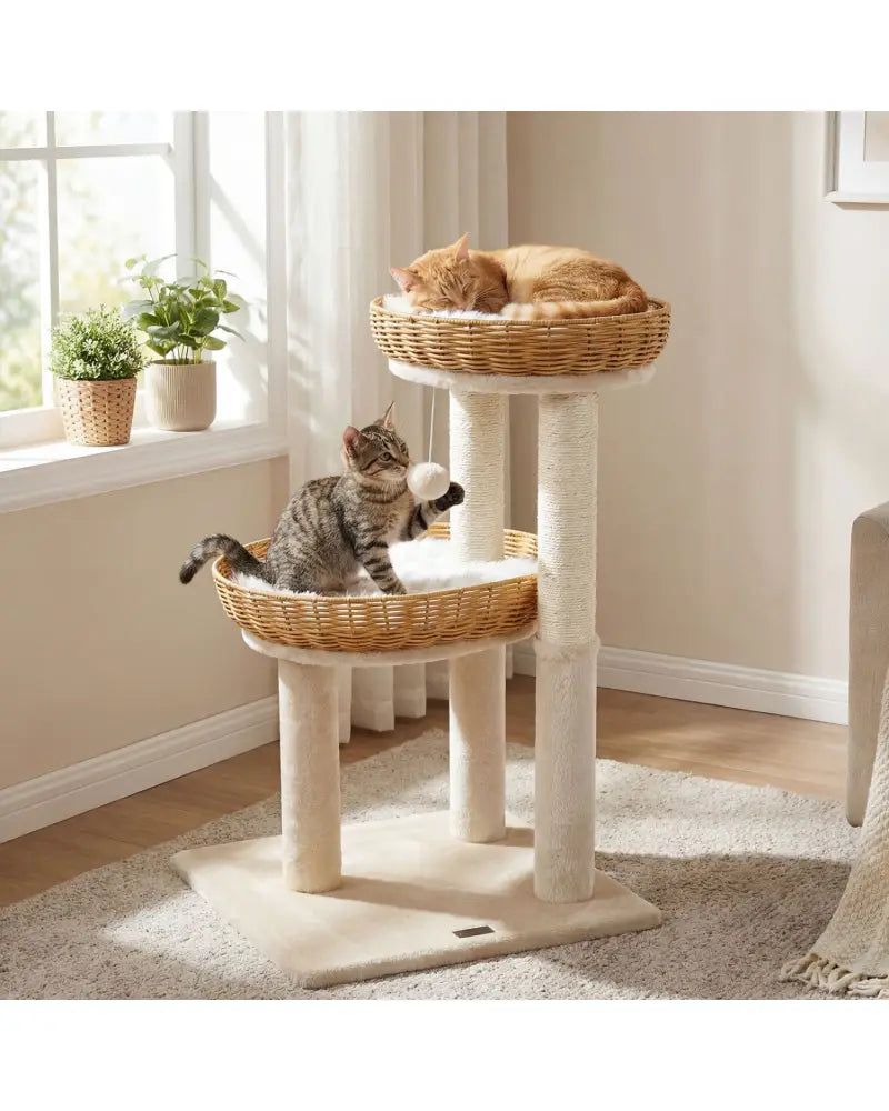 30-Inch Cat Tower with 2 Rattan Cat Baskets for Indoor Kittens-Beige - Beige - Cat Trees Condos & Scratchers