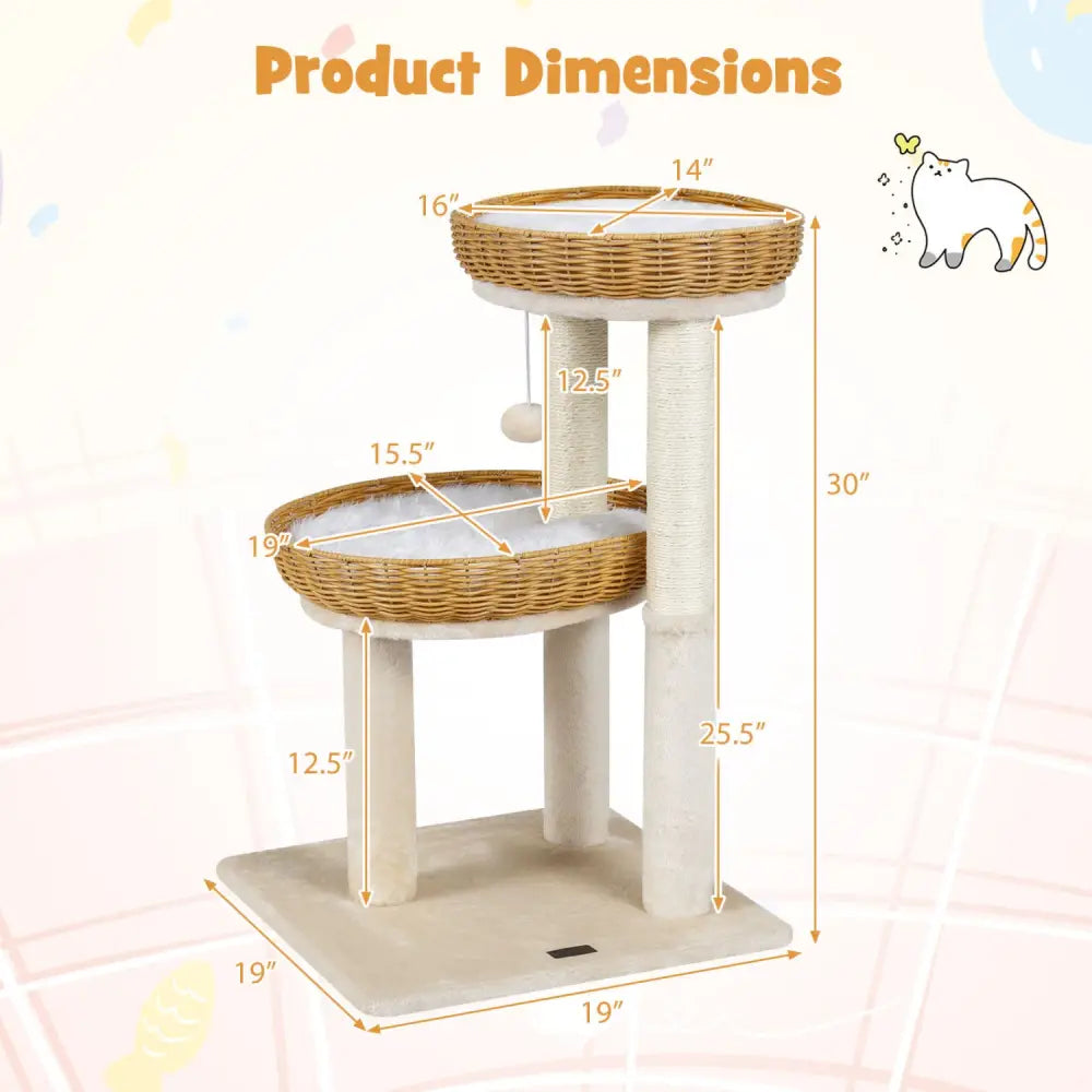 30-Inch Cat Tower with 2 Rattan Cat Baskets for Indoor Kittens-Beige - Beige - Cat Trees Condos & Scratchers