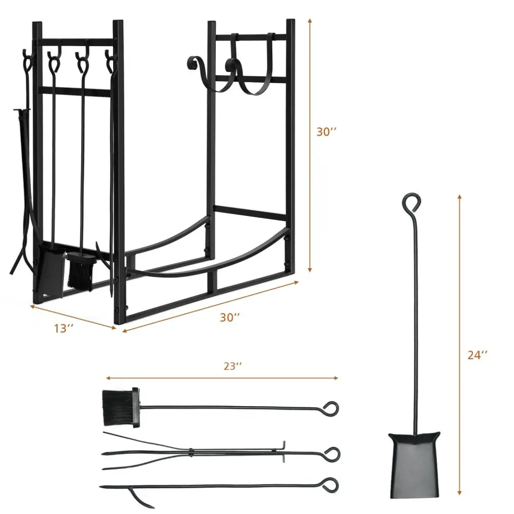 30 Inch Firewood Rack with 4 Tool Set Kindling Holders for Indoor and Outdoor - Black - Log Storage