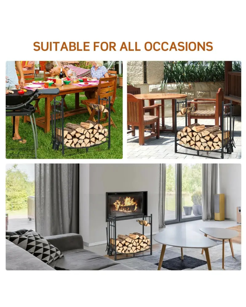 30 Inch Firewood Rack with 4 Tool Set Kindling Holders for Indoor and Outdoor - Black - Log Storage