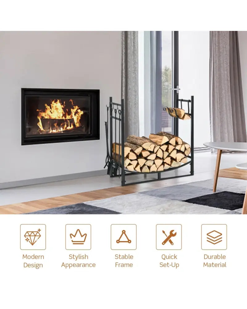 30 Inch Firewood Rack with 4 Tool Set Kindling Holders for Indoor and Outdoor - Black - Log Storage