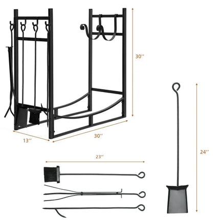 30 Inch Firewood Rack with 4 Tool Set Kindling Holders for Indoor and Outdoor - Black - Log Storage