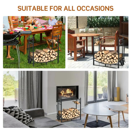 30 Inch Firewood Rack with 4 Tool Set Kindling Holders for Indoor and Outdoor - Black - Log Storage
